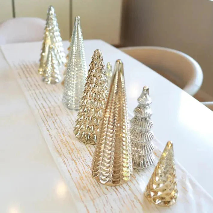 Sapins de Noël en verre mercurisé soufflés à la bouche avec lueur LED chaude