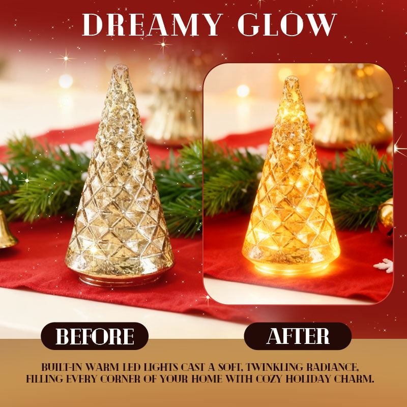 Sapins de Noël en verre mercurisé soufflés à la bouche avec lueur LED chaude