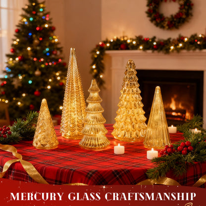 Sapins de Noël en verre mercurisé soufflés à la bouche avec lueur LED chaude