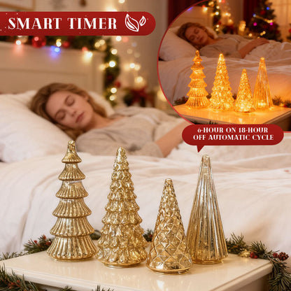 Sapins de Noël en verre mercurisé soufflés à la bouche avec lueur LED chaude