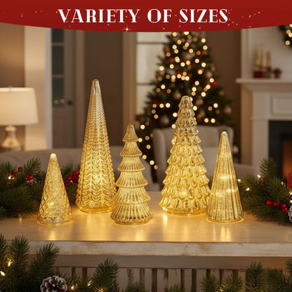 Sapins de Noël en verre mercurisé soufflés à la bouche avec lueur LED chaude