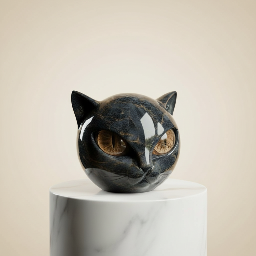 Sculpture artistique envoûtante de tête de chat noire