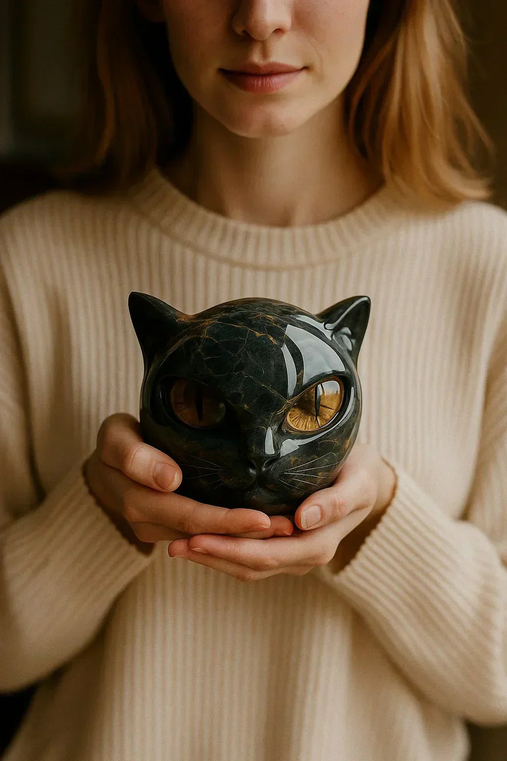 Sculpture de tête de chat noir mystique