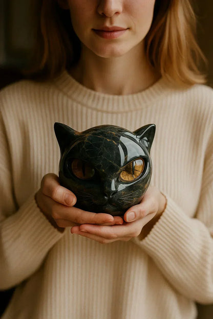 Sculpture de tête de chat noir mystique