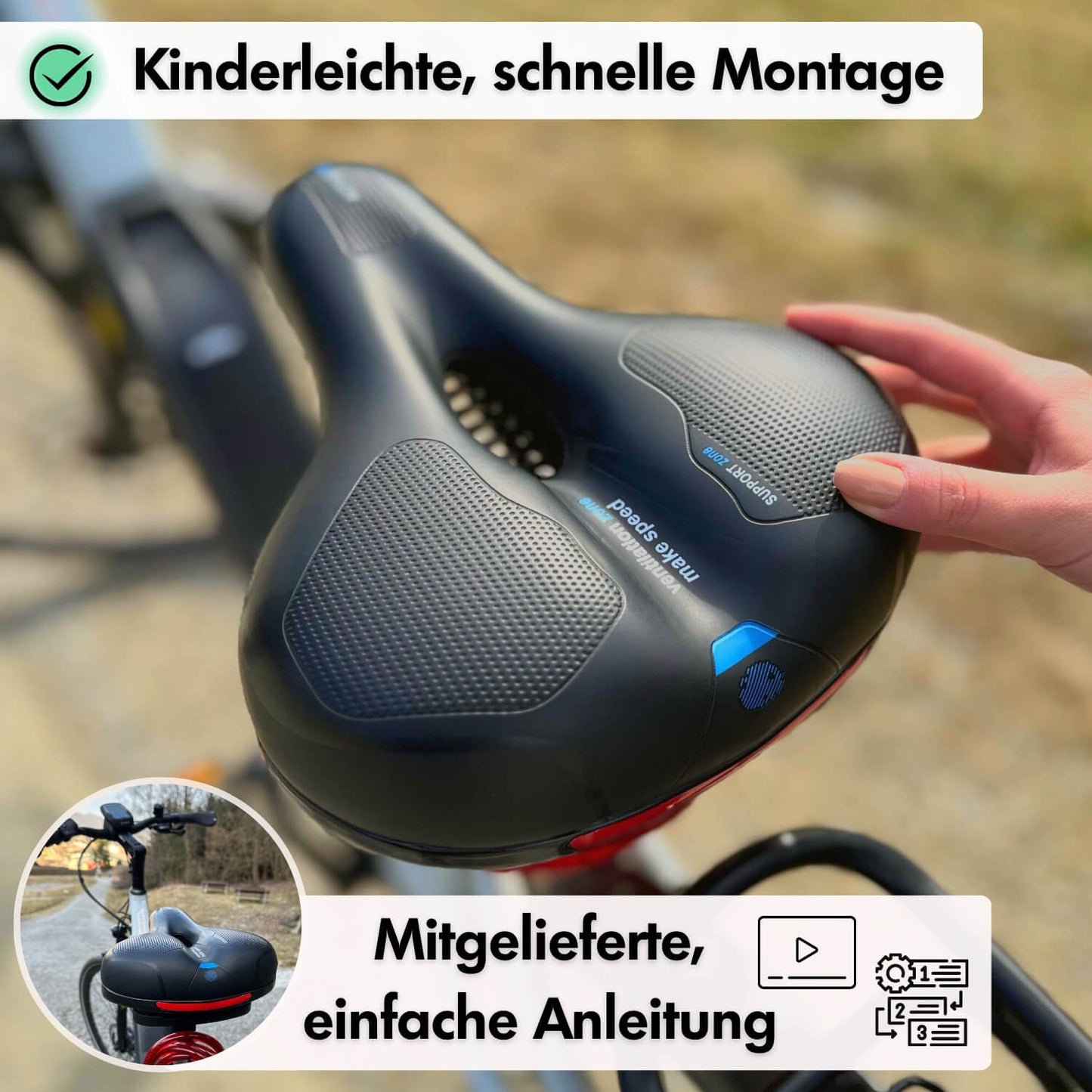 Selle de vélo CloudComfort Pro | mousse à mémoire de forme soulageant la pression | noire