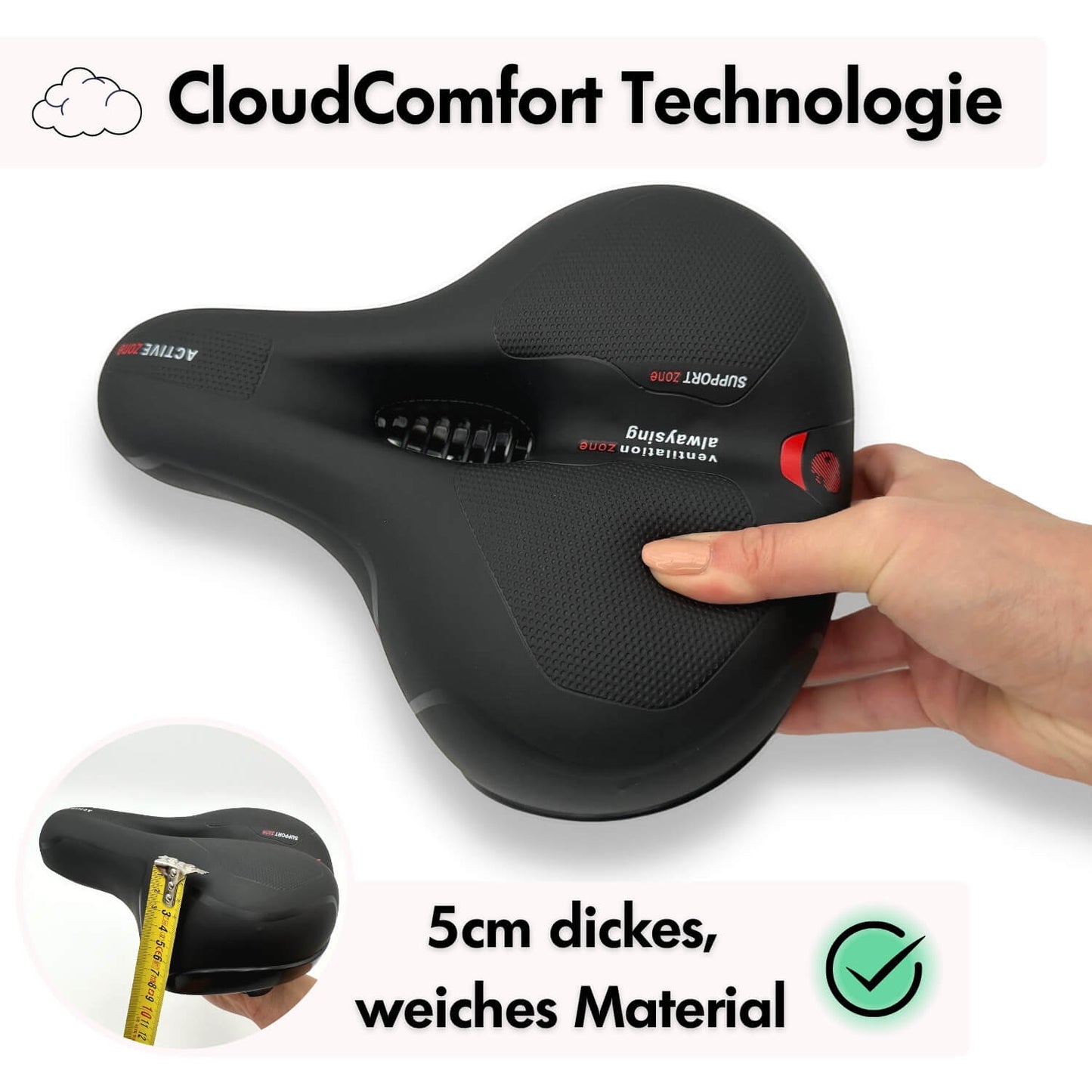 Selle de vélo CloudComfort Pro | mousse à mémoire de forme soulageant la pression | noire