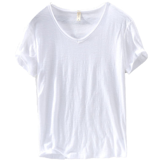 T-shirt en lin et coton à col en V pour homme
