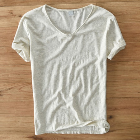 T-shirt en lin et coton à col en V pour homme