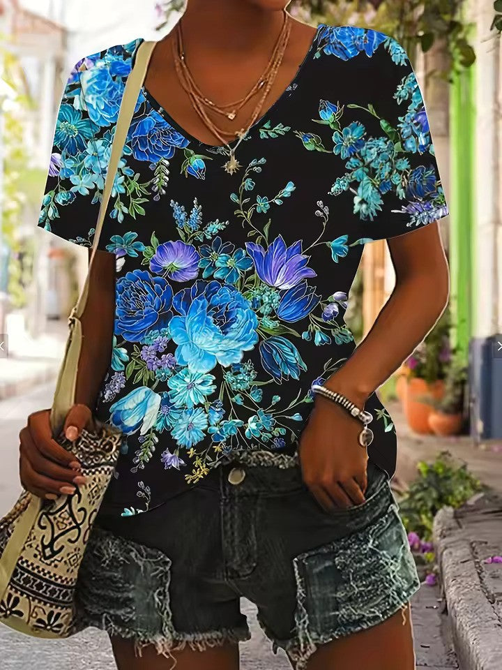 T-shirt femme doux à col en V imprimé