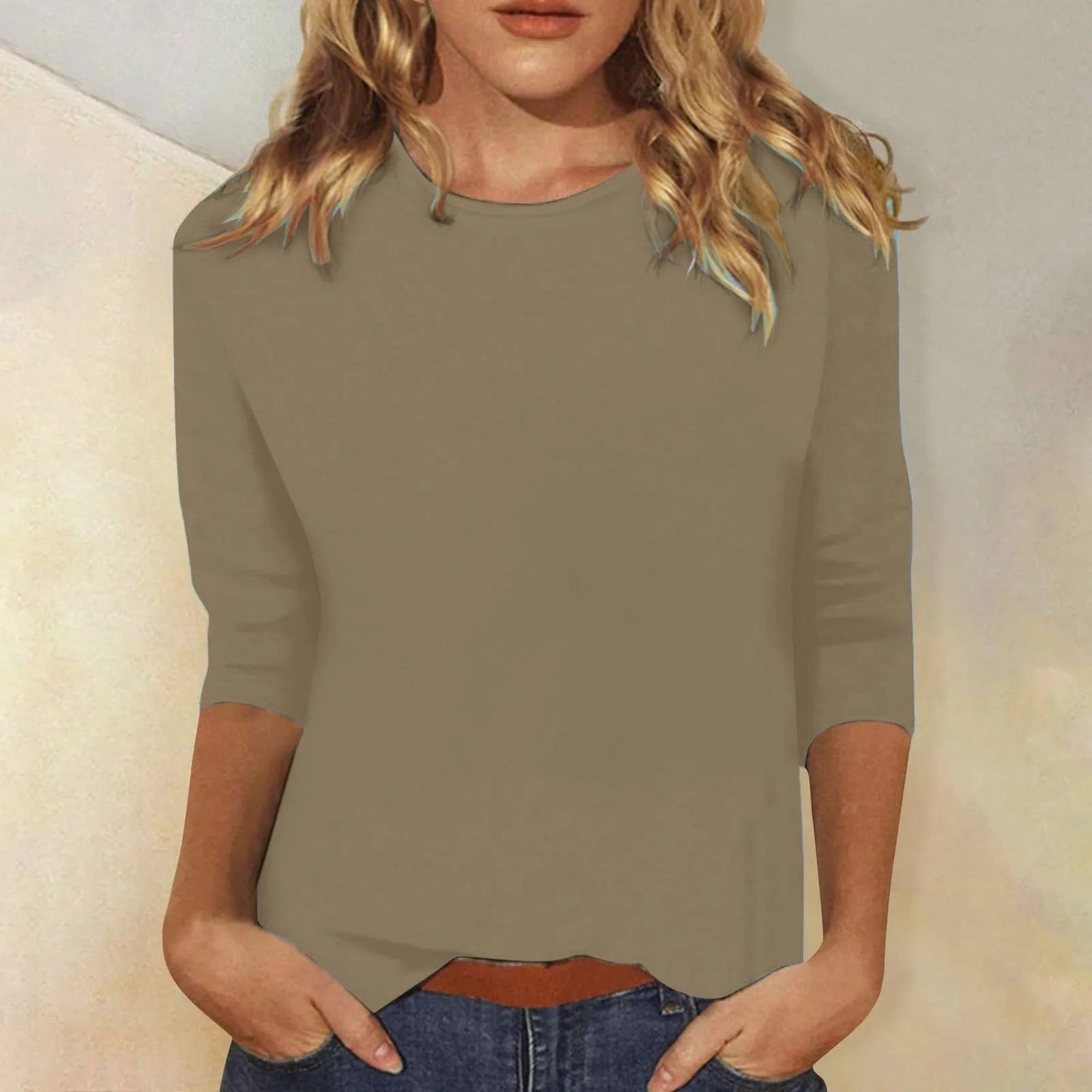T-shirt femme en coton doux, manches longues, col rond