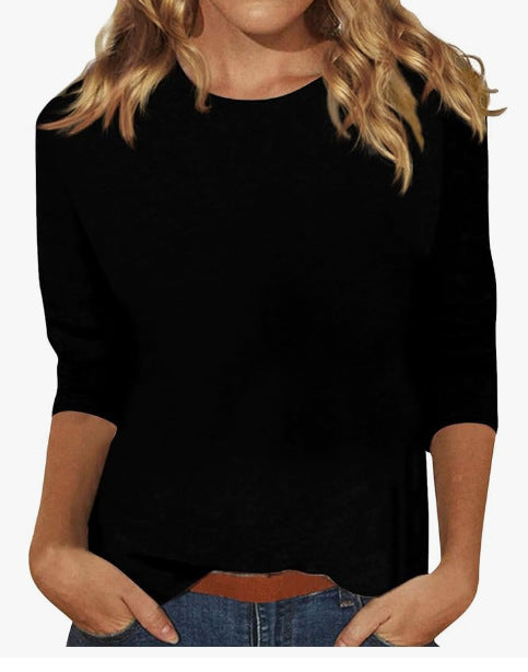 T-shirt femme en coton doux, manches longues, col rond