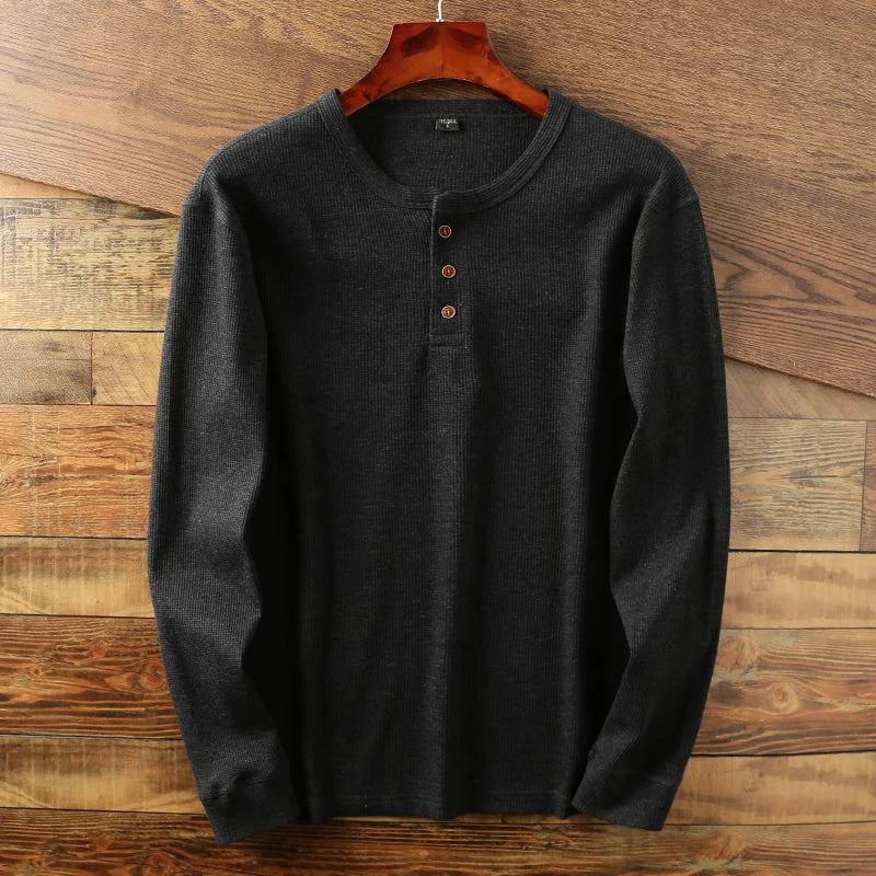 T-shirt henley à manches longues en maille côtelée pour homme