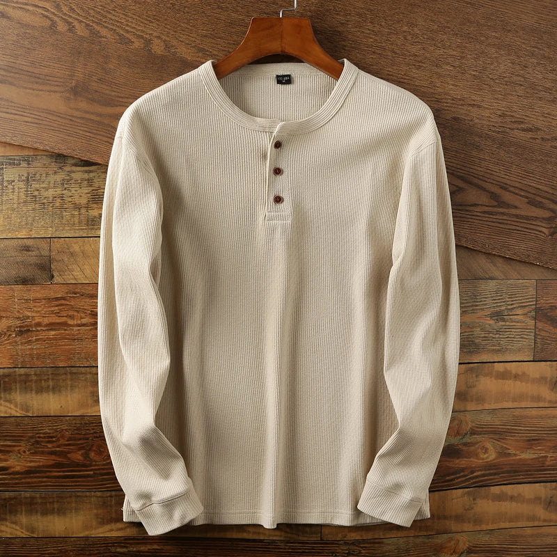 T-shirt henley à manches longues en maille côtelée pour homme