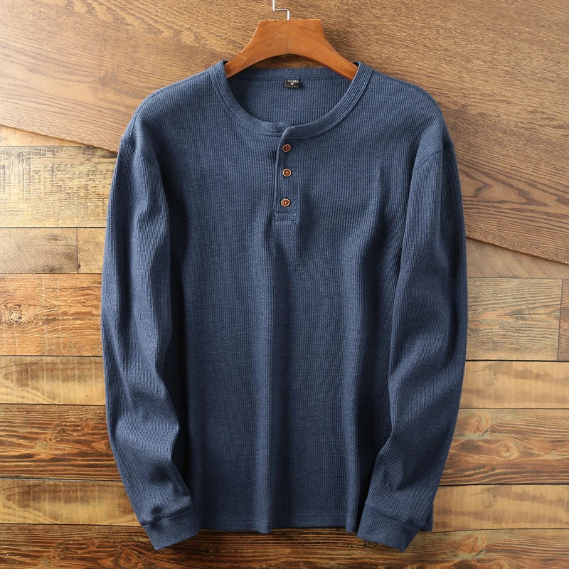 T-shirt henley à manches longues en maille côtelée pour homme
