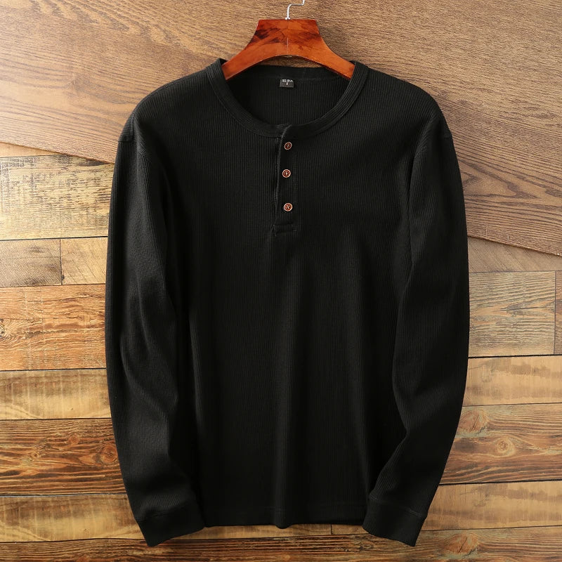 T-shirt henley à manches longues en maille côtelée pour homme
