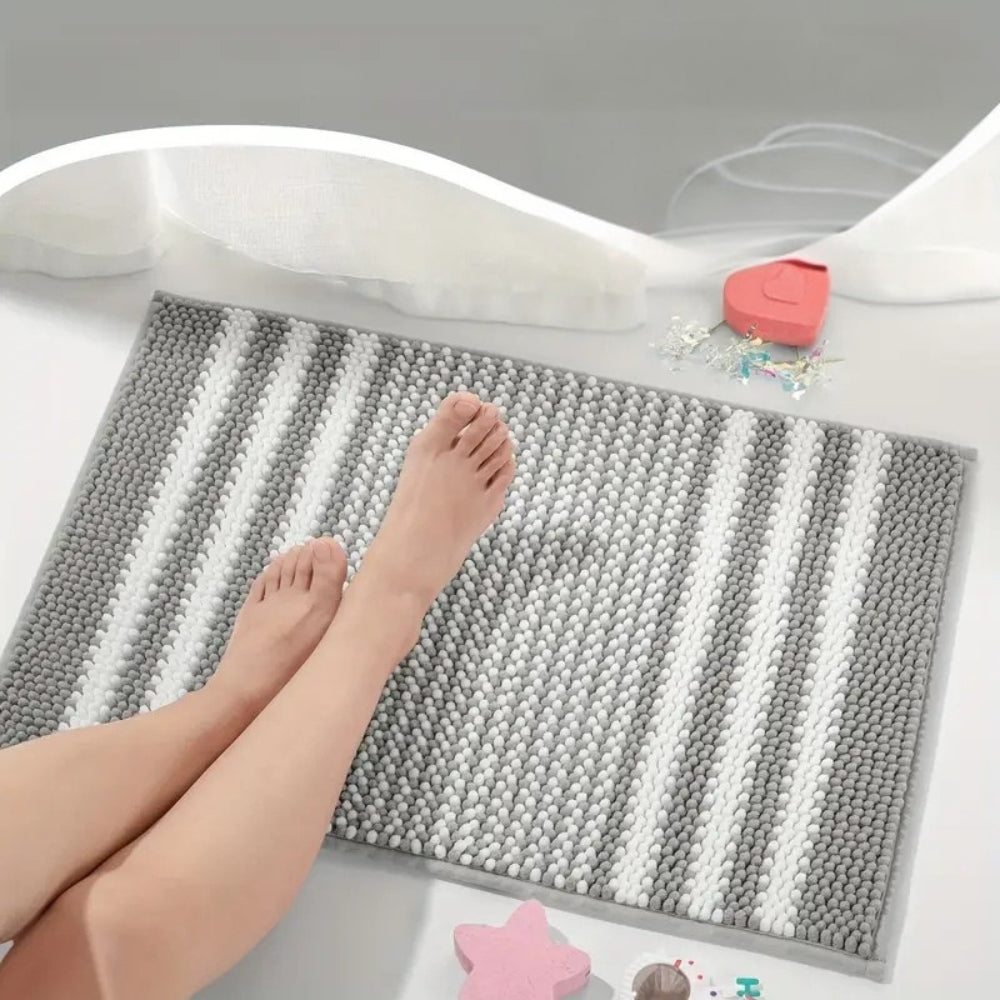 Tapis de bain en chenille rayé à maille galet