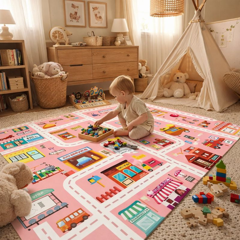 Tapis de jeu en flanelle à motif de routes urbaines pour chambre d'enfant