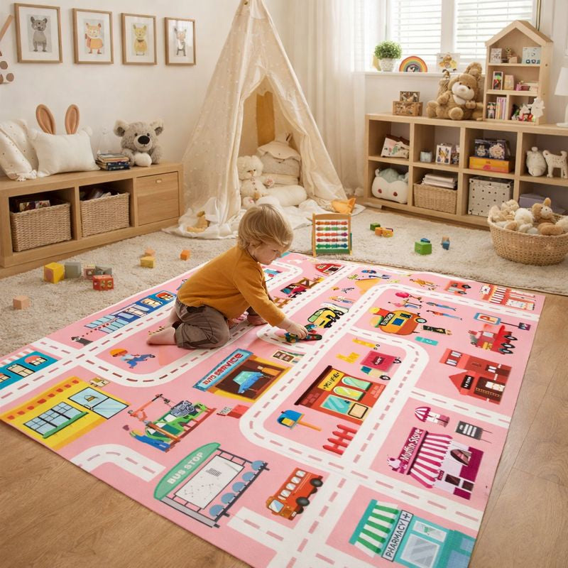 Tapis de jeu en flanelle à motif de routes urbaines pour chambre d'enfant