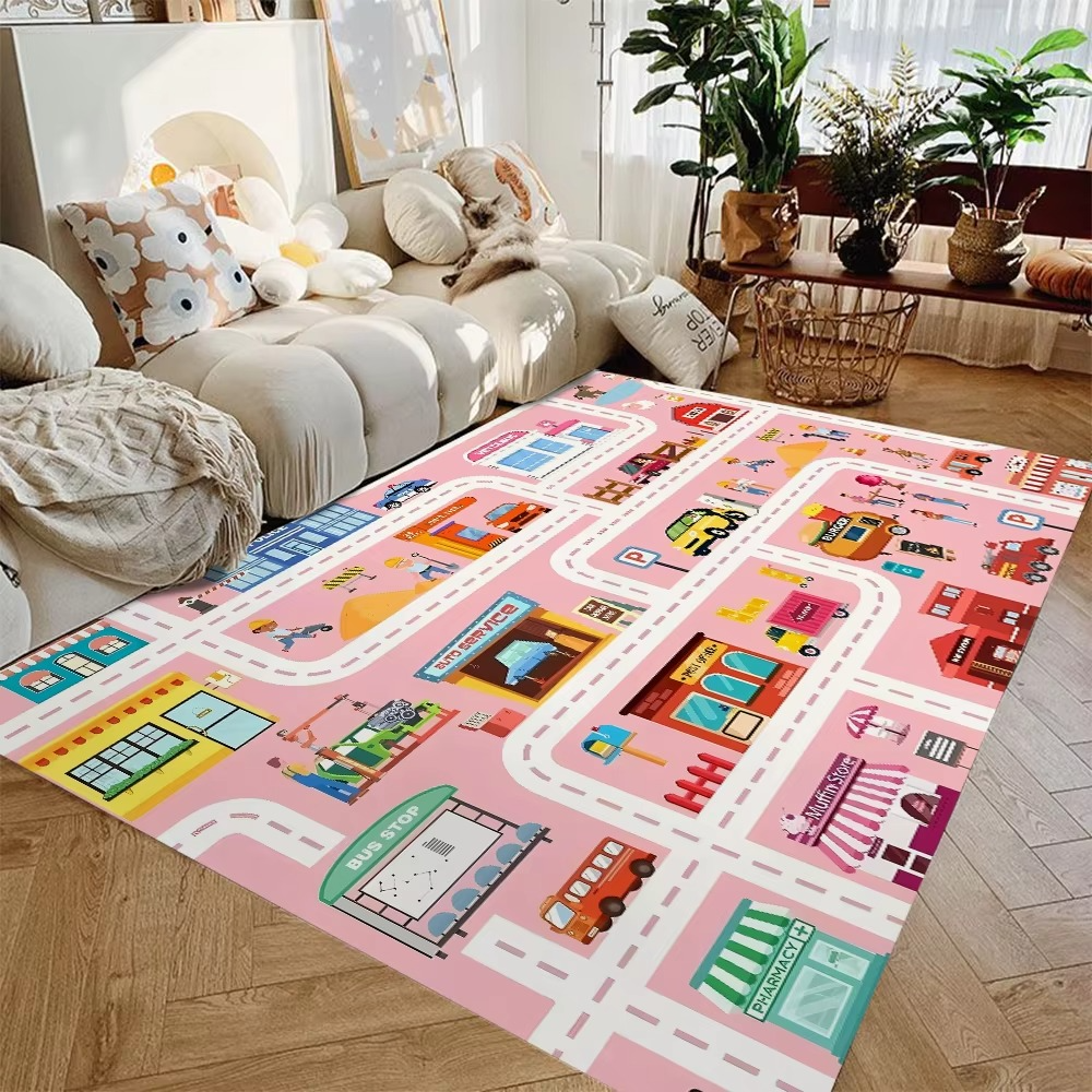 Tapis de jeu en flanelle à motif de routes urbaines pour chambre d'enfant