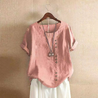 Top à manches courtes en mélange de lin à boutons, coupe décontractée
