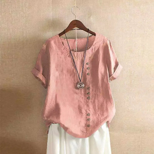 Top à manches courtes en mélange de lin à boutons, coupe décontractée