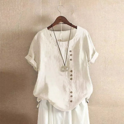 Top à manches courtes en mélange de lin à boutons, coupe décontractée