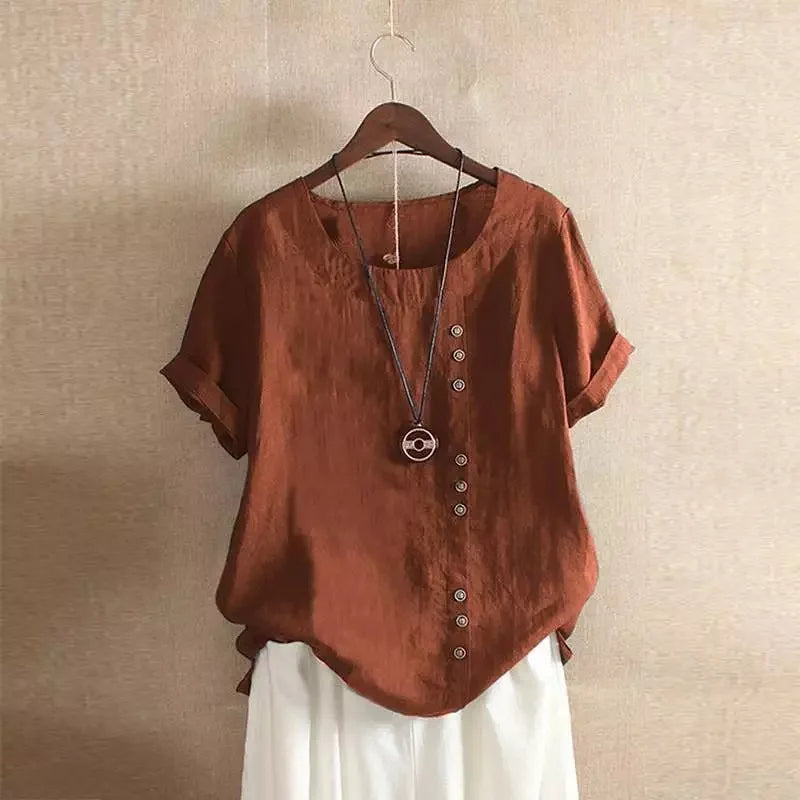 Top à manches courtes en mélange de lin à boutons, coupe décontractée