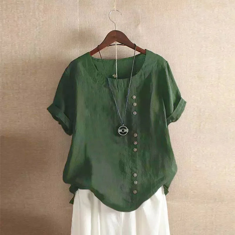 Top à manches courtes en mélange de lin à boutons, coupe décontractée