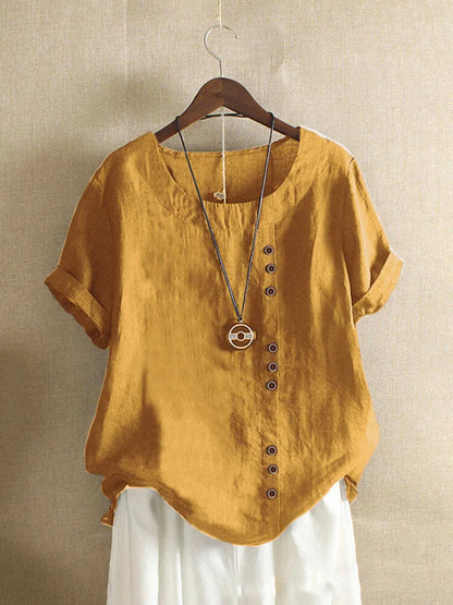 Top à manches courtes en mélange de lin à boutons, coupe décontractée