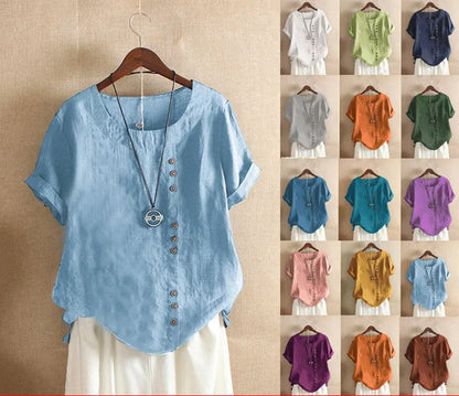 Top à manches courtes en mélange de lin à boutons, coupe décontractée