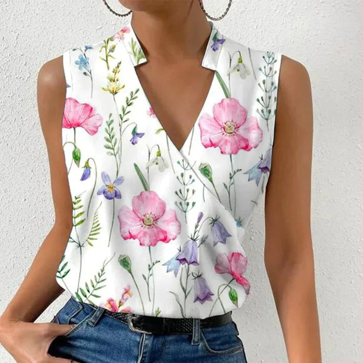 Top élégant fleuri sans manches à col en V