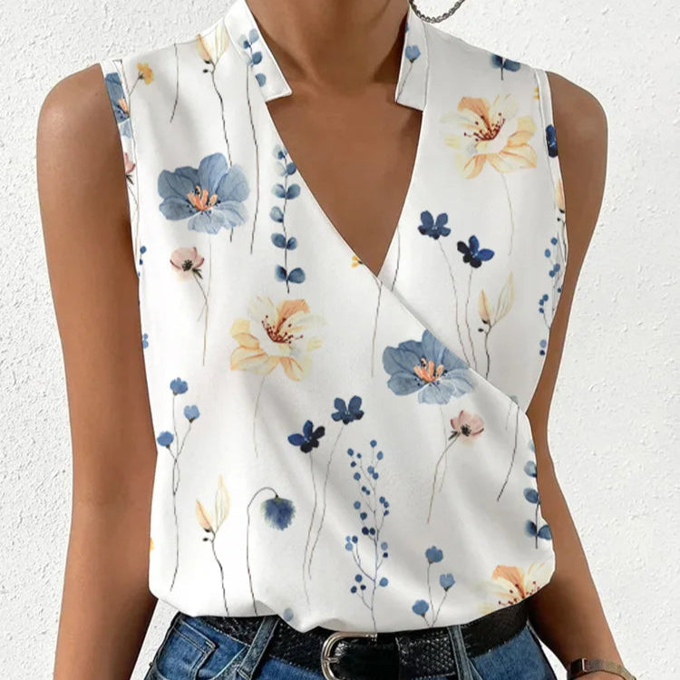 Top élégant fleuri sans manches à col en V