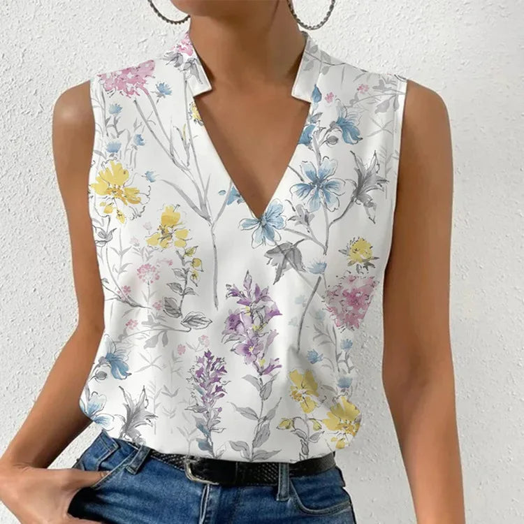 Top élégant fleuri sans manches à col en V