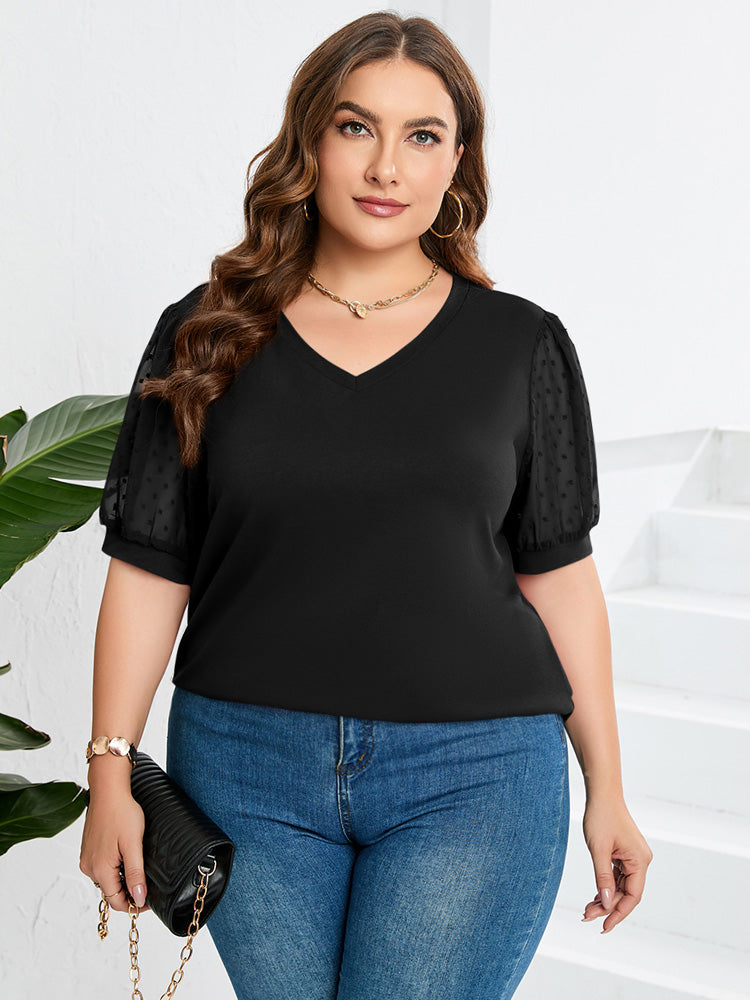 Top femme à col en V et manches bouffantes