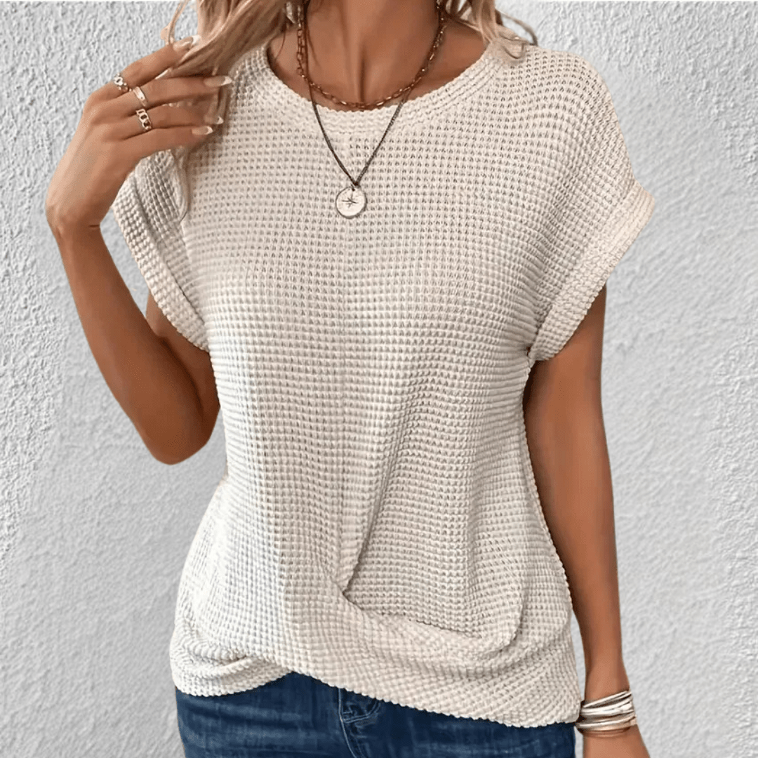 Top femme en maille gaufrée à devant torsadé