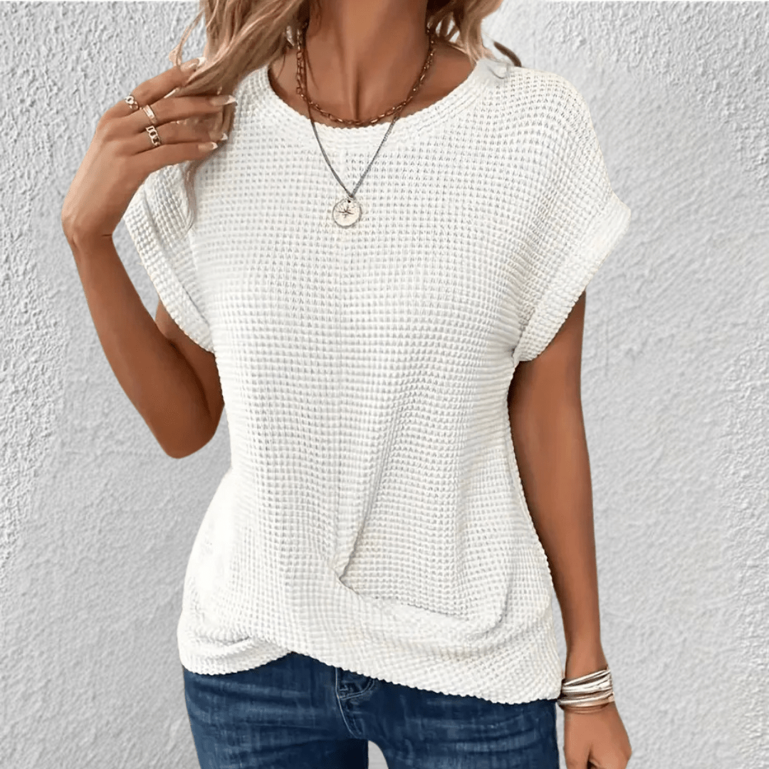 Top femme en maille gaufrée à devant torsadé