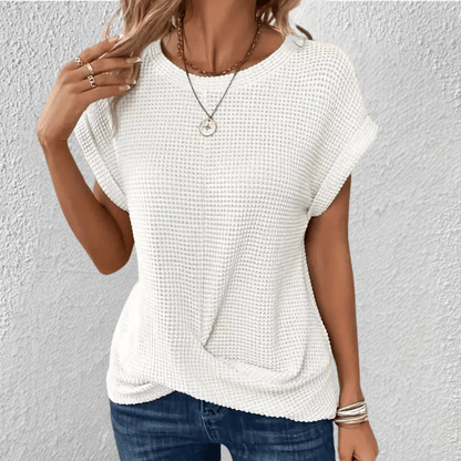 Top femme en maille gaufrée à devant torsadé