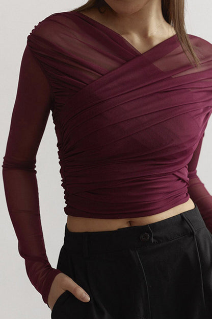 Top femme en résille froncé à manches longues