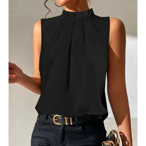 Top femme plissé à col montant pour un style élégant
