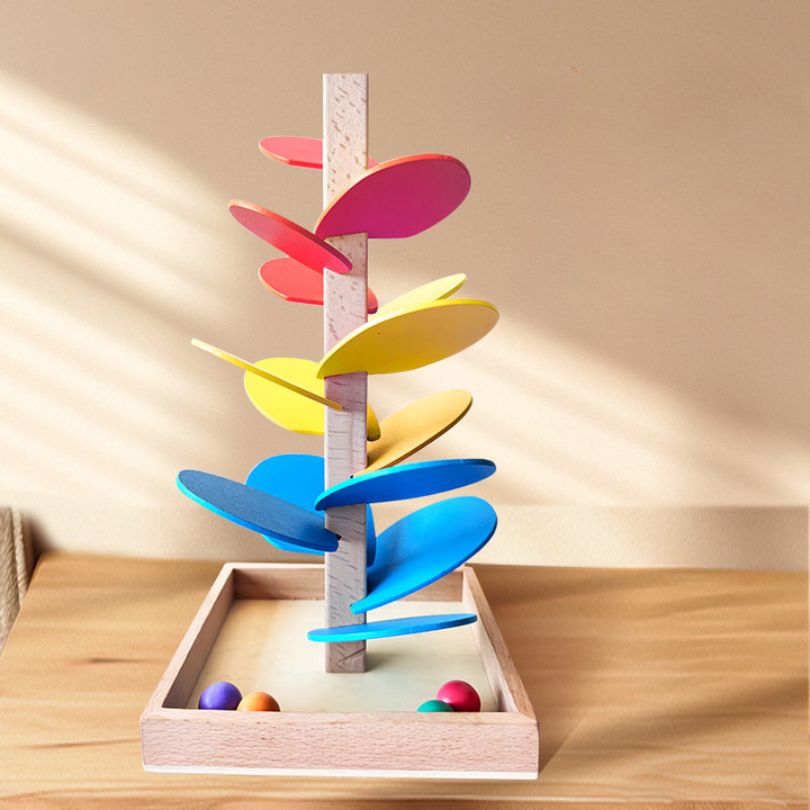 Tour arc-en-ciel en bois interactive pour billes, jouet pour enfants