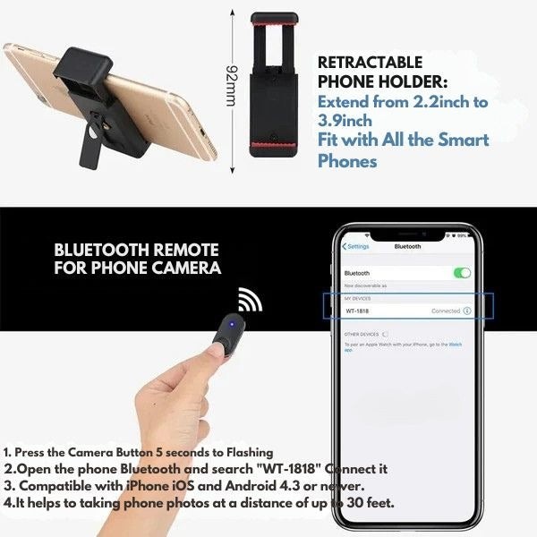 Trépied pour smartphone extensible avec télécommande Bluetooth – perche à selfie et support polyvalents