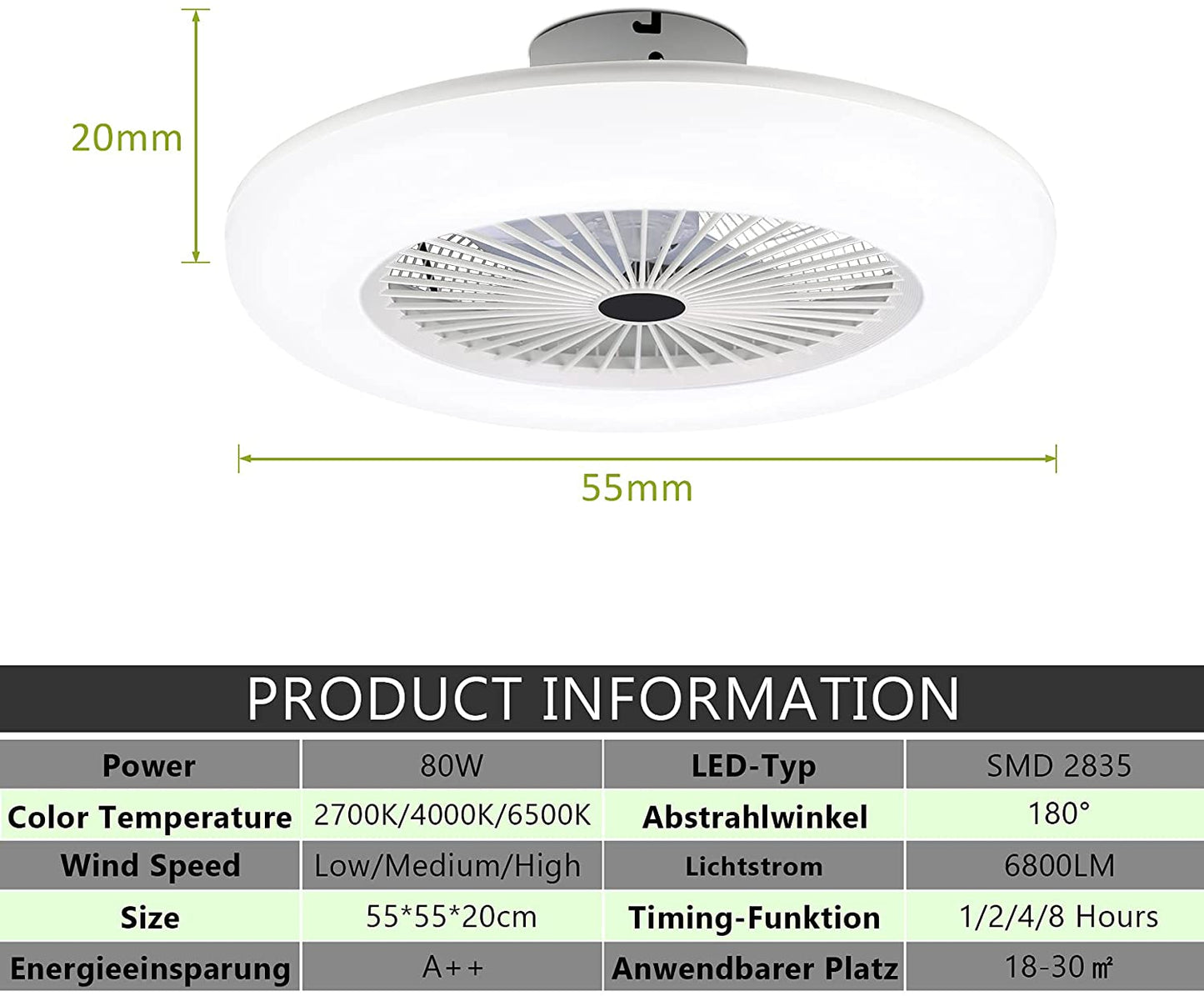 Ventilateur de plafond 80 W avec éclairage et télécommande