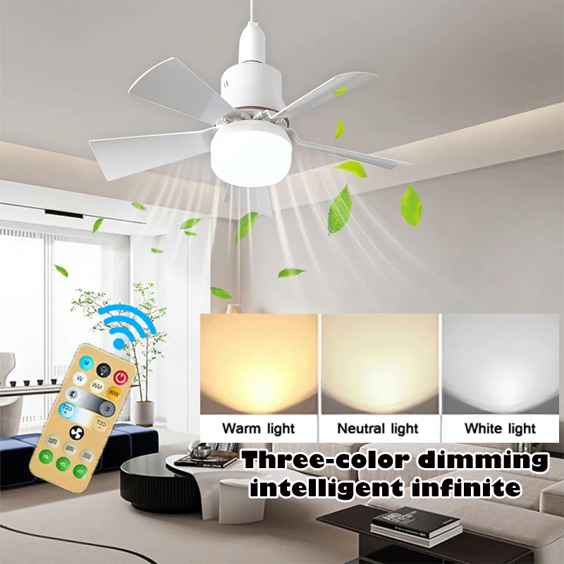 Ventilateur de plafond avec éclairage 30 W E27 avec télécommande, fonction de variation LED, intelligent et silencieux pour chambre et salon