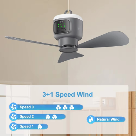 Ventilateur de plafond rechargeable pour l’extérieur avec batterie de 12 000 mAh et éclairage LED
