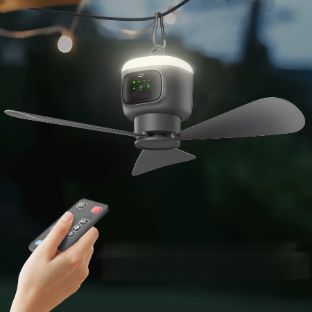 Ventilateur de plafond rechargeable pour l’extérieur avec batterie de 12 000 mAh et éclairage LED