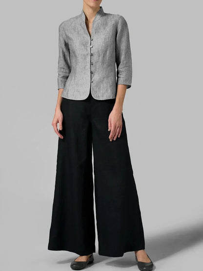 Veste à manches 3/4 pour femme, boutonnée devant, col mao