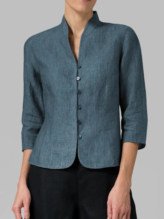 Veste à manches 3/4 pour femme, boutonnée devant, col mao