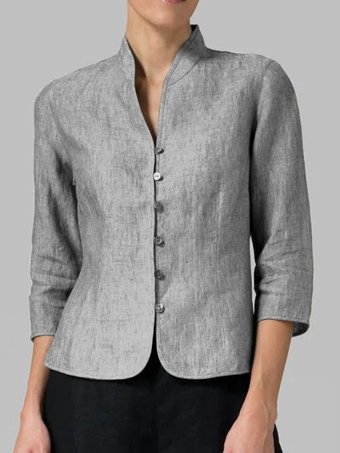 Veste à manches 3/4 pour femme, boutonnée devant, col mao