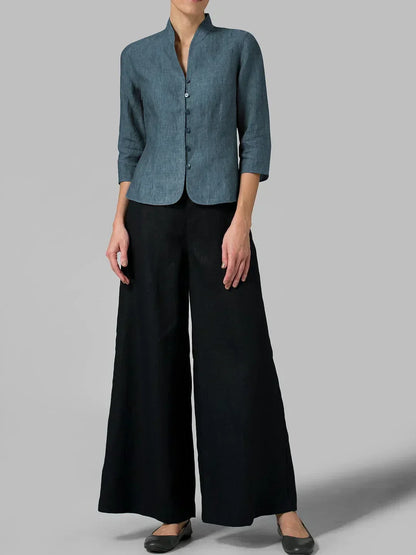 Veste à manches 3/4 pour femme, boutonnée devant, col mao