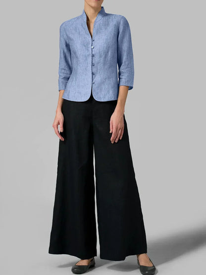 Veste à manches 3/4 pour femme, boutonnée devant, col mao